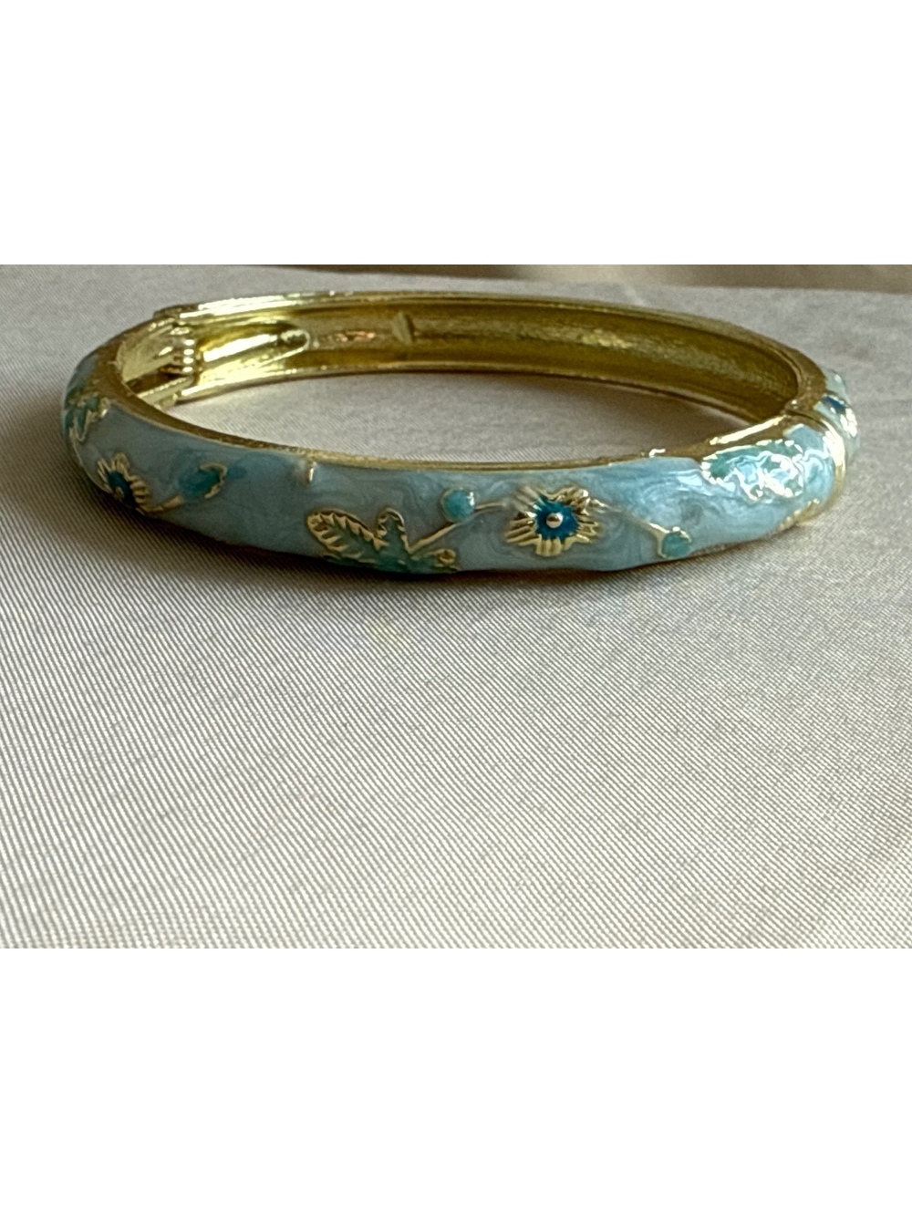 Stainless Steel Gold Tone Blue Enamel Floral Hinge Bangle Bracelet